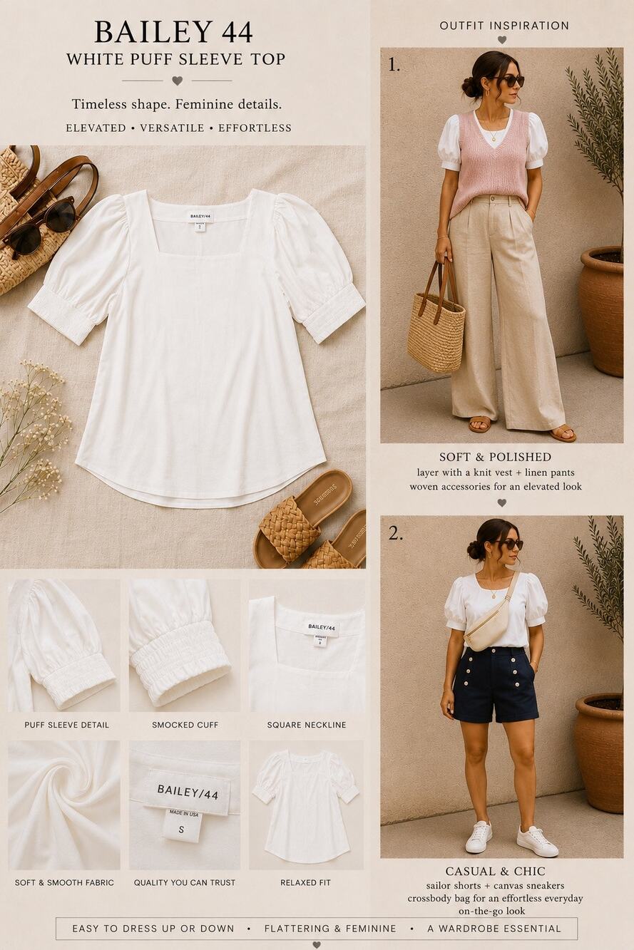 Bailey 44 White Puff Sleeve Square Neck Blouse Size Large Elegant Top